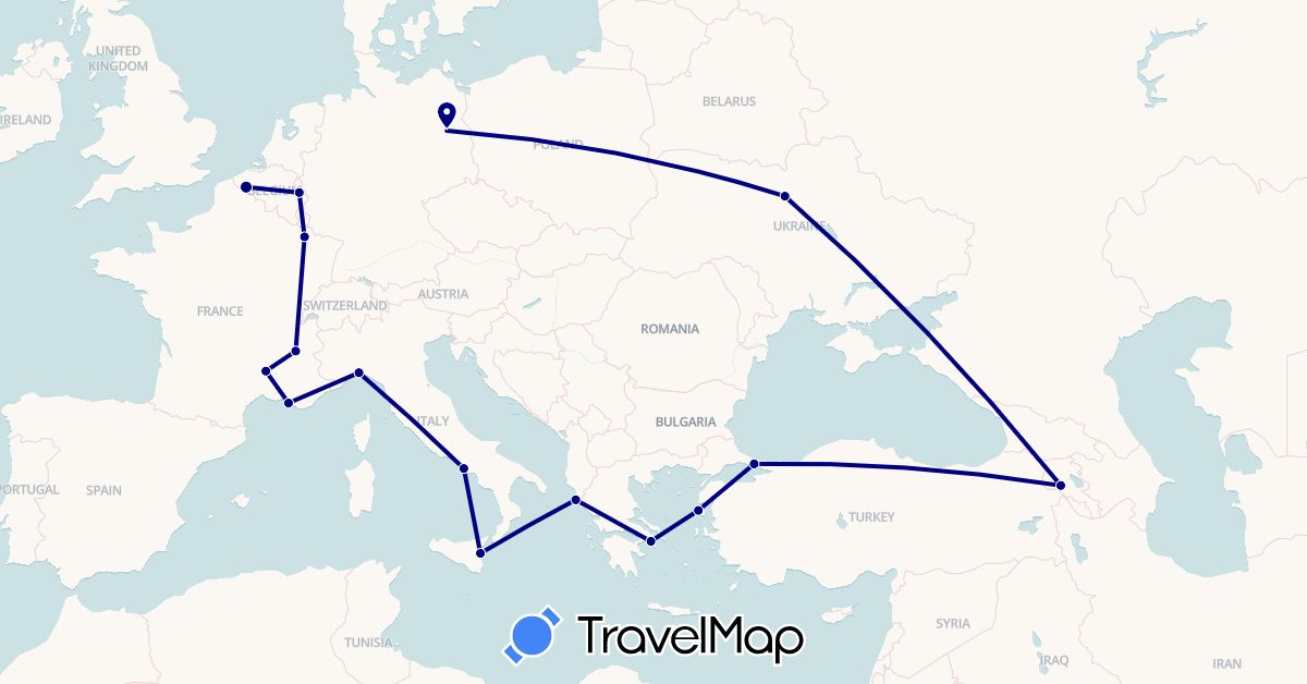 TravelMap itinerary: driving in Armenia, Belgium, Germany, France, Greece, Italy, Turkey, Ukraine (Asia, Europe)